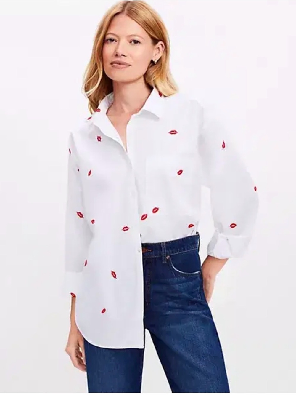 LOFT White Button-Down Shirt with Red Lip Print